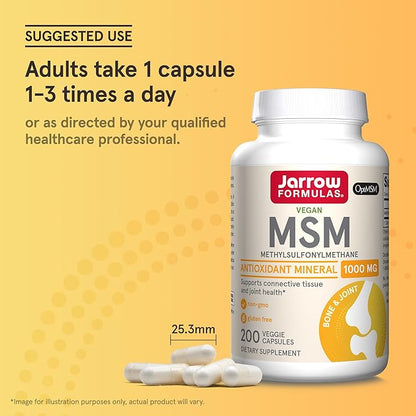 Jarrow Formulas® MSM Capsules, 1,000 mg, Methylsulfonylmethane, Joint Health Support, 200 Capsules, Up To 200 Servings