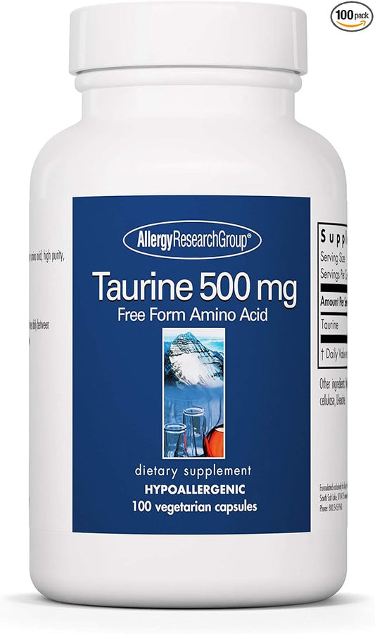 Allergy Research Group Taurine 500mg Supplement - Cardiovascular Support, Free Form Amino Acid, Pure, Organic, Vegetarian Capsules - 100 Count