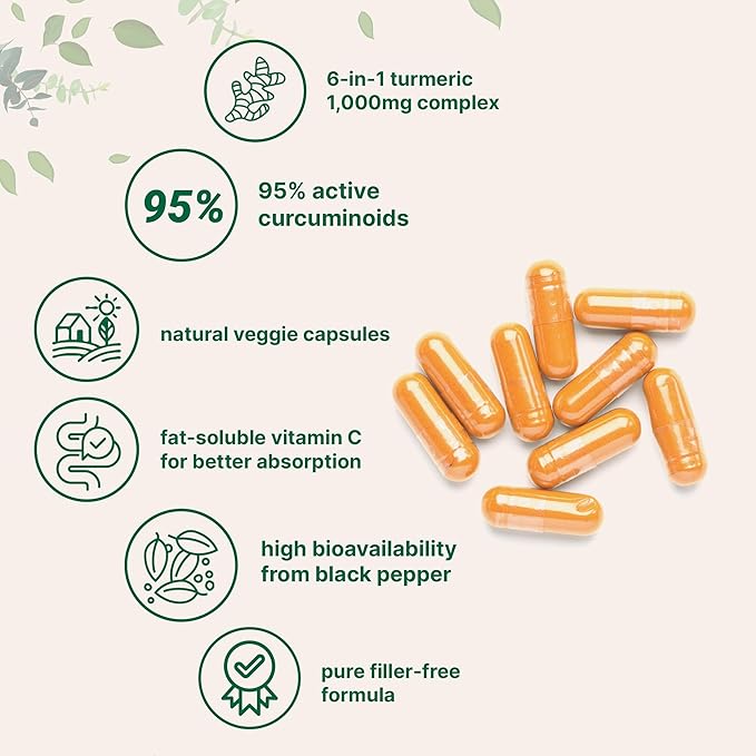 Pure Turmeric Curcumin Supplement 1,000mg | 95% Curcuminoids | 120 Veggie Capsules | Joint Support with Bee Propolis, MCT Oil, Fat-Soluble Vitamin C & Black Pepper for Better Absorption | Filler Free