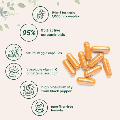 Pure Turmeric Curcumin Supplement 1,000mg | 95% Curcuminoids | 120 Veggie Capsules | Joint Support with Bee Propolis, MCT Oil, Fat-Soluble Vitamin C & Black Pepper for Better Absorption | Filler Free