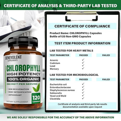 Benevolent Chlorophyll Capsules 350mg - 100% Natural + Ultra Chlorophyll 20x Potency Concentration for Energy Boost, Immune Support, Internal Deodorant, Skin Health, Non-GMO, 120 Capsules