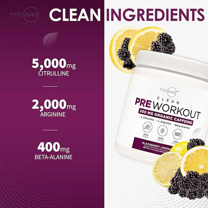 Type Zero Clean Pre Workout (11.3 oz | BlackBerry Lemonade) + Beet Root + L-Arginine + L-Citrulline - 2G Arginine, L-Citrulline Malate, Sugar Free, Organic Caffeine Preworkout