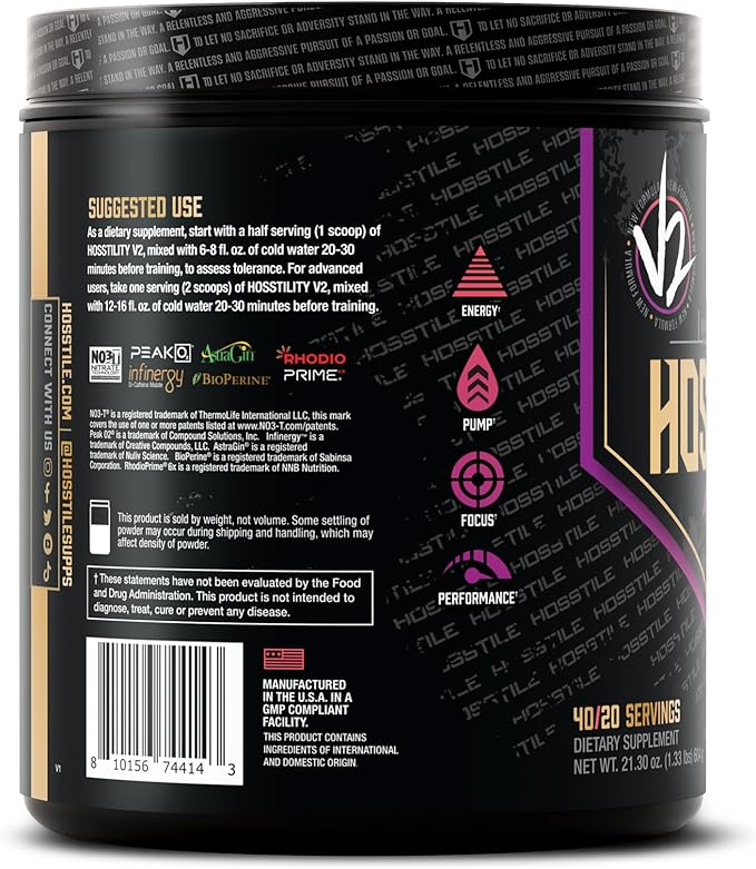 HOSSTILE Hosstility V2 Pre Workout, All-in-One Pre Workout Powder for Men and Women, Enhance Muscle Pump, Increase Energy, Boost Strength, Sharpen Focus, Grape Apple, 40 Servings