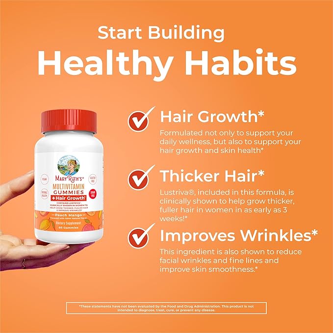 MaryRuth's Multivitamin + Hair Growth Gummies | with Lustriva® | Biotin 10000mcg | B Vitamins | Formulated for Thicker Hair, Wrinkles, Fine Lines, Skin Care | Ages 18+ | 30 Servings