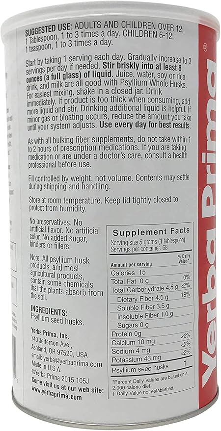 Yerba Prima Psyllium Whole Husk, 1 Bottle 12 oz - Fiber Supplement, Vegan, No Sugar or Artificial Sweeteners, Non GMO, Gluten Free