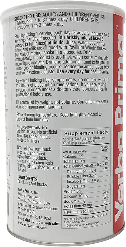 Yerba Prima Psyllium Whole Husk, 1 Bottle 12 oz - Fiber Supplement, Vegan, No Sugar or Artificial Sweeteners, Non GMO, Gluten Free