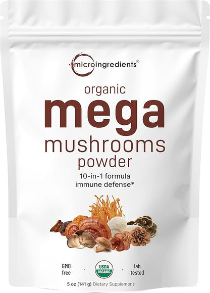 Micro Ingredients Organic Mega Mushroom 10 in 1 Complex Formula Powder for Immune System Booster, 5 Ounce (141 Days Supply), Chaga, Lions Mane, Cordyceps, Shiitake, & More | Filler Free, Vegan