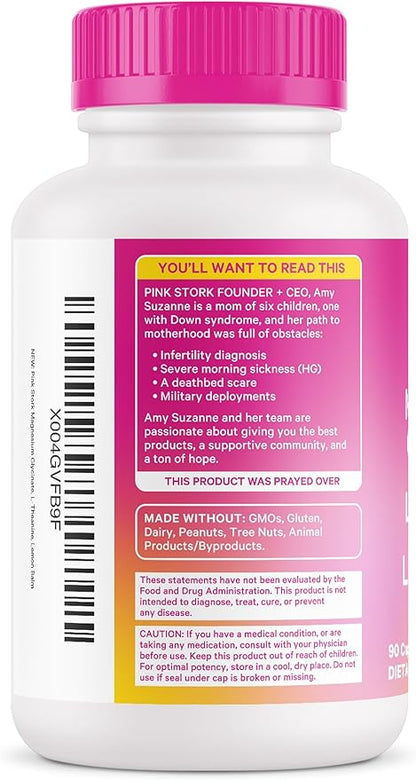 Pink Stork Magnesium Glycinate, L-Theanine, Lemon Balm - Melatonin-Free Magnesium for Sleep Support - Natural Calm and Relaxation - 90 Capsules