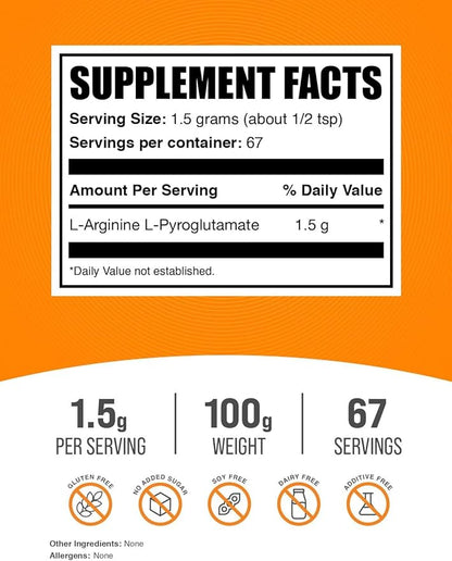 BulkSupplements.com L-Arginine L-Pyroglutamate Powder - Arginine Supplement, Nitric Oxide Supplement - Gluten Free, 1.5g per Serving, 100g (3.5 oz) (Pack of 1)