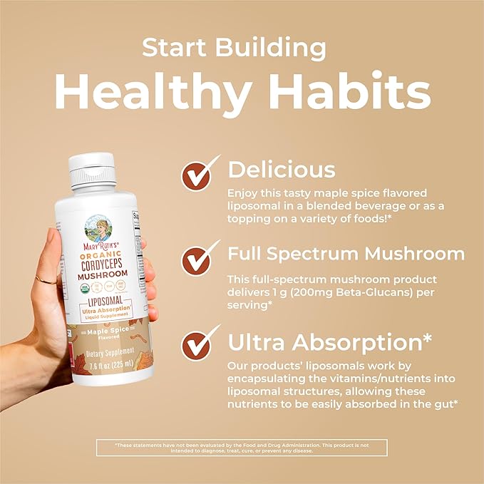 MaryRuth Organics Cordyceps Mushroom Supplement | Ultra Absorption Liposomal | Full Spectrum Mushroom | 200mg Beta-Glucans Per Serving | USDA Organic | Vegan | 7.6 oz | 15 Servings