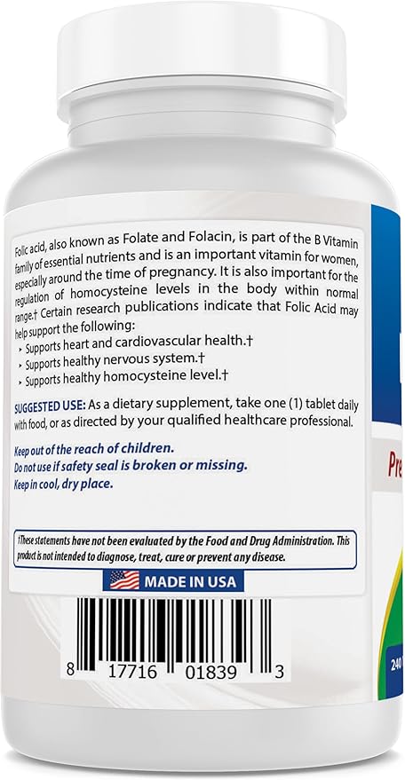 Best Naturals Folic Acid 1000 mcg (Vitamin B9), 240 Tablets (1000 mcg (Pack of 2))