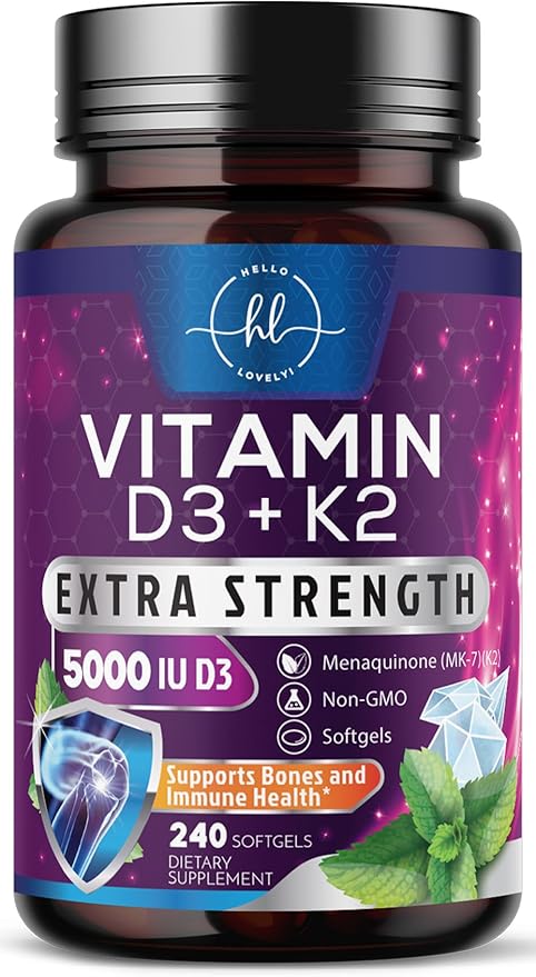 Vitamin D3 K2 - High Potency 5000iu D3 (125mcg) & 100mcg K2 (MK7) for Calcium Absorption, Bone, Teeth, Heart & Immune Support, Easy to Swallow D & K Complex, Non-GMO & Gluten Free - 240 Softgels