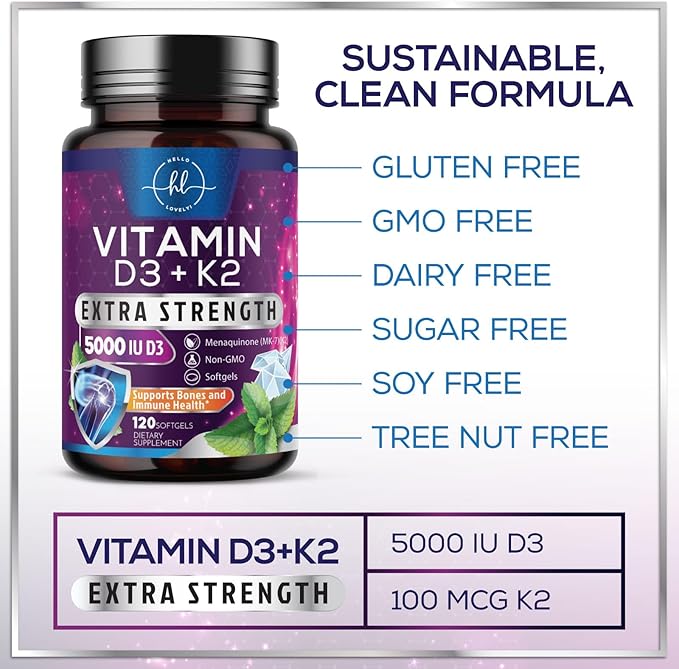 Vitamin D3 K2 - High Potency 5000iu D3 (125mcg) & 100mcg K2 (MK7) for Calcium Absorption, Bone, Teeth, Heart & Immune Support, Easy to Swallow D & K Complex, Non-GMO & Gluten Free - 120 Softgels