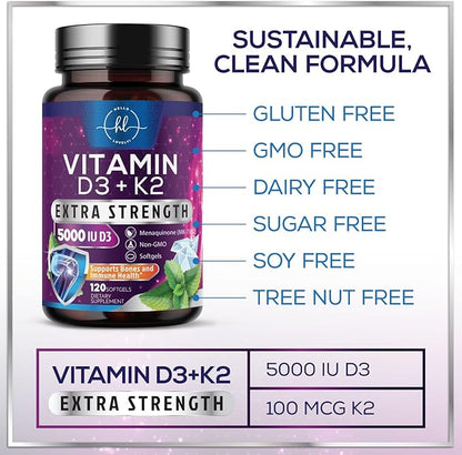Vitamin D3 K2 - High Potency 5000iu D3 (125mcg) & 100mcg K2 (MK7) for Calcium Absorption, Bone, Teeth, Heart & Immune Support, Easy to Swallow D & K Complex, Non-GMO & Gluten Free - 120 Softgels