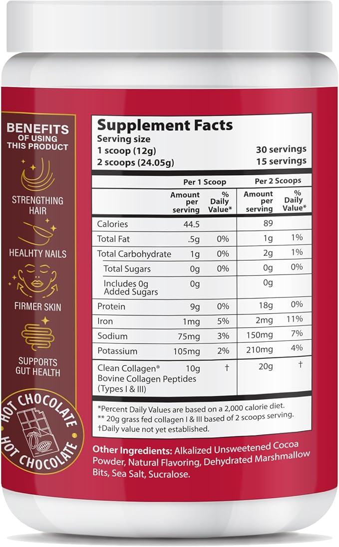 Chocolate Peptides Powder, Grass Fed Hydrolyzed Type 1&3 Collagen, Promotes Hair, Skin, Nails, Bones, Joint Health (30 Servings) (Hot Chocolate)