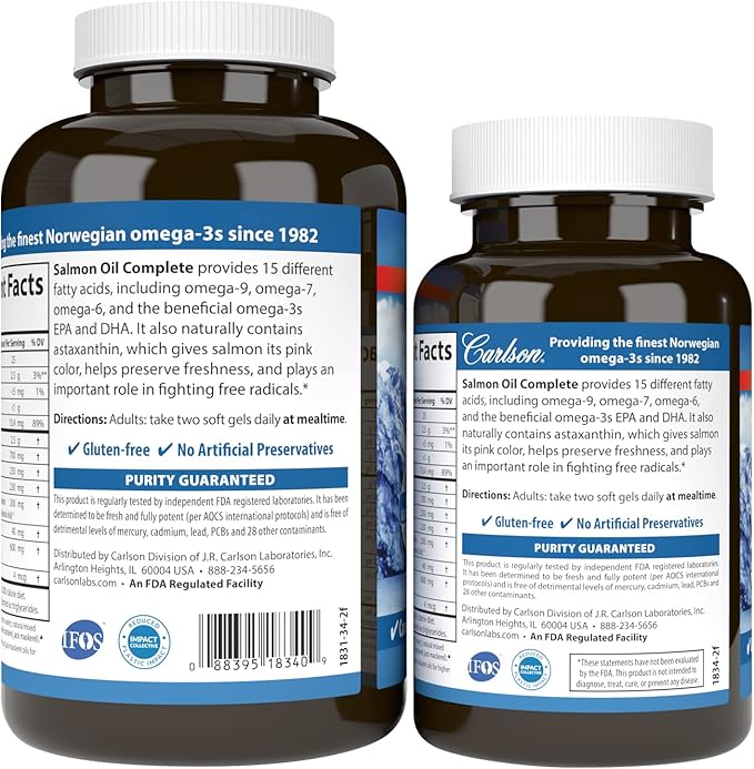 Carlson - Salmon Oil Complete, 700 mg Omega-3s + Astaxanthin, Norwegian, Heart, Brain & Joint Health, 120+60 Softgels
