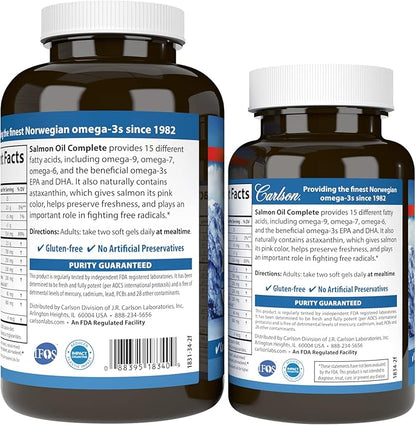Carlson - Salmon Oil Complete, 700 mg Omega-3s + Astaxanthin, Norwegian, Heart, Brain & Joint Health, 120+60 Softgels