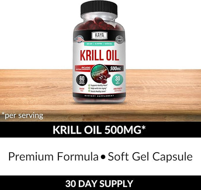 Kaya Naturals - Antarctic Krill Oil 500mg with Omega 3, EPA, DHA, Phospholipids & Astaxanthin Supplement - Brain & Health Vitamin - Anti Aging Supplement - 60 Count Softgels