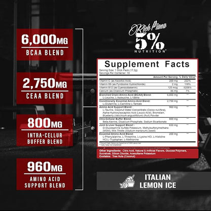 5% Nutrition Rich Piana AllDayYouMay BCAA Powder | 9g of Premium Intra & Post Workout Amino Acids for Hydration, Endurance, Muscle Recovery, Joint & Liver Support (Italian Lemon Ice)