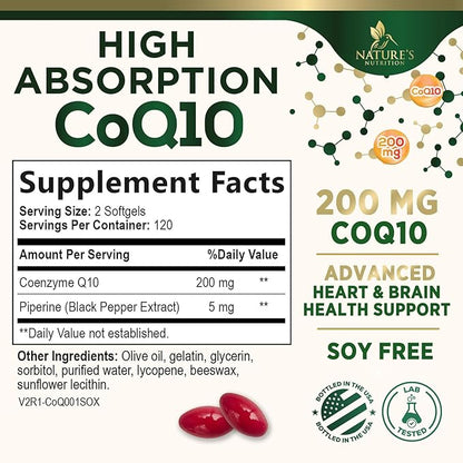 CoQ10 200mg Softgels - Better Absorption, Antioxidant for Heart Health & Cellular Energy Support - Nature's Co Q10 Vitamins, Non-GMO & Gluten Free, Coenzyme Q10 Supplement - 240 Softgels