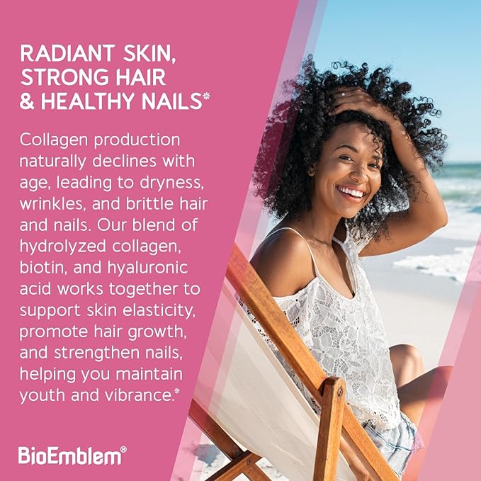 BioEmblem Beauty Collagen - 11G Hydrolyzed Multi-Collagen Peptides, Hyaluronic Acid, Vitamin C & Biotin - Bovine, Fish & Eggshell Membrane Collagen - Skin, Hair, Nail, & Joint Health - 30 Servings