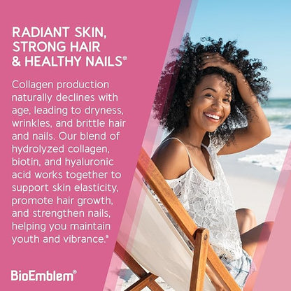 BioEmblem Beauty Collagen - 11G Hydrolyzed Multi-Collagen Peptides, Hyaluronic Acid, Vitamin C & Biotin - Bovine, Fish & Eggshell Membrane Collagen - Skin, Hair, Nail, & Joint Health - 30 Servings