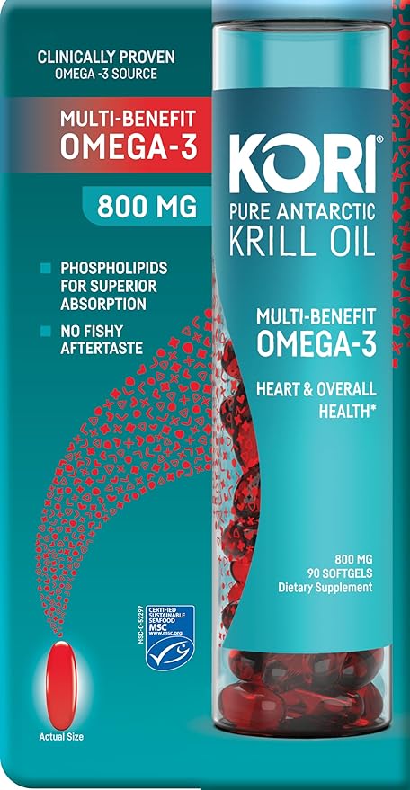 Kori Krill Antarctic Krill Oil Omega 3 Supplement, EPA & DHA, with Superior Absorption vs. Fish Oil, 800 mg, 90 softgels