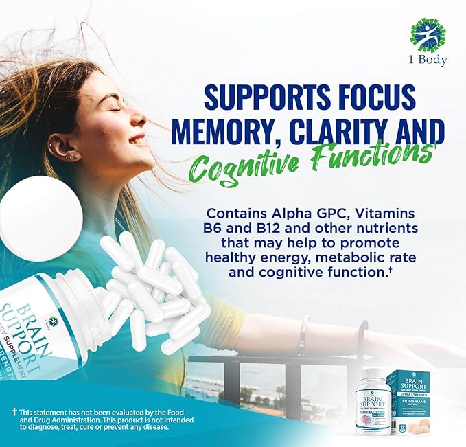 1 Body Brain Support Supplement with Alpha GPC and Lion's Mane Extract, 90 Capsules, Twin Pack