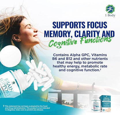 1 Body Brain Support Supplement with Alpha GPC and Lion's Mane Extract, 90 Capsules, Twin Pack