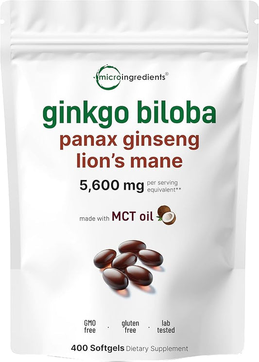Ginkgo Biloba 5,600mg Equivalent, 400 Softgels | 3-in-1 with Ginseng & Lions Mane | MCT Oil Infused for Higher Absorption | Herbal Antioxidants & Superfood Mushroom | Brain & Memory Supplement