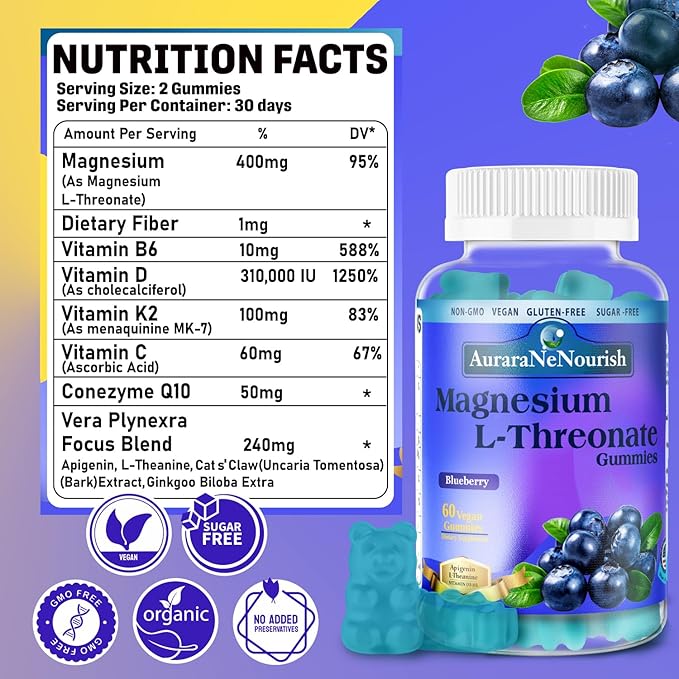 Magnesium L-Threonate Gummies with Apigenin L-Theanine Cat Claw Ginkgoo Biloba Fiber VIT D3 K2 B6 Coq10, Focus Memory Brain Support, Magnesium Threonate Gummies Sugar Free Keto Vegan - Blueberry