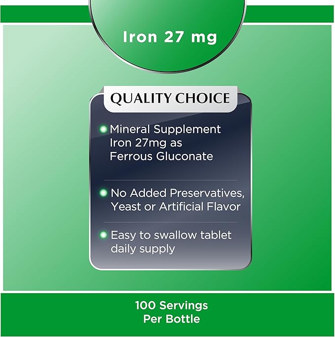 Quality Choice Energy Support Iron 27 mg Ferrous Gluconate Tablets 100 Count