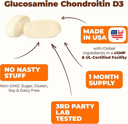 Glucosamine Chondroitin MSM with Vitamin D3, Boswellia, & Bromelain - Bone and Joint Support Supplement for Active Women & Men to Support Hair, Skin, Nails, Strong Bones, & Immune Health. 120 Tablets