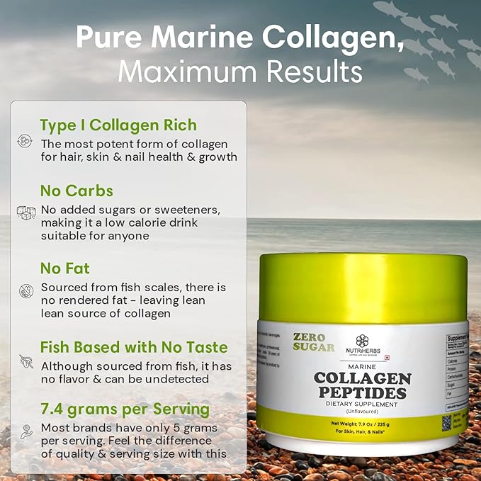Hydrolyzed Marine Collagen Peptides Powder | Type 1 Protein Supplement | Unflavored Dietary Supplement | Supports Skin Elasticity, Joint Function, Hair Growth & Healthy Nails | 30 Servings