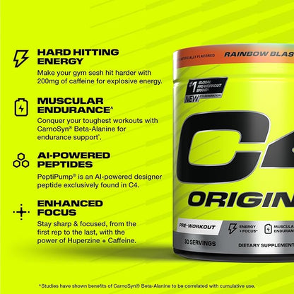 Cellucor C4 Original Pre Workout Powder Sugar Free for Men & Women 200mg Caffeine + CarnoSyn Beta-Alanine + Creatine + AI Peptides - Rainbow Blast, 30 Servings