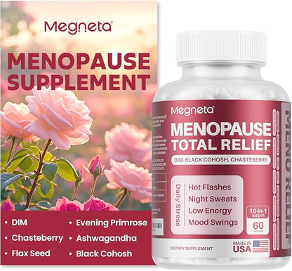 MEGNTEA Menopausal Supplements for Women, Black Cohosh for Menopause Hot Flashes, with DIM, Chasteberry, Evening Primrose, Flax Seed & Ashwagandha (60 Capsules)