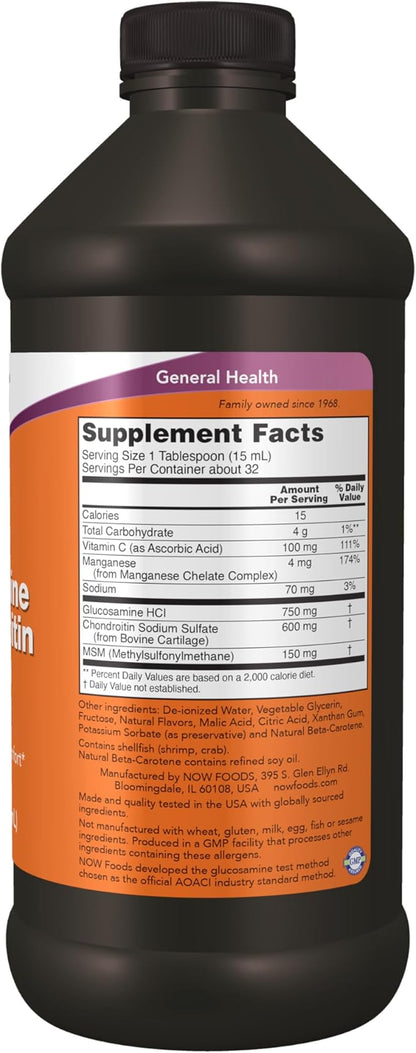 NOW Supplements, Glucosamine & Chondroitin with MSM, Liquid, Joint Health, Mobility and Comfort*, 16-Ounce