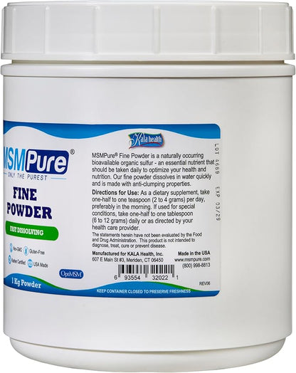 KALA HEALTH MSMPure Fine MSM Powder Crystals – Organic Sulfur for Joint Flexibility, Skin Appearance, and Hair & Nail Support – 2.2 lb, USA Made, Distilled Flakes