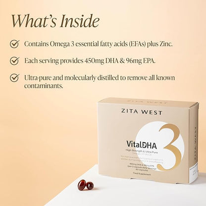 Vital DHA – Prenatal DHA and EPA with Zinc for Fertility, Pregnancy, and Breastfeeding – Omega 3 for Brain Development – 60 Capsules (1 Month Supply)