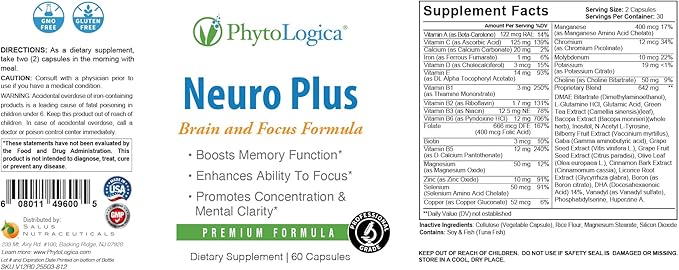 Neuro Plus Brain and Focus Formula, Full with Vitamins, Minerals and Herb Extracts, Boosts Memory Function and Ability to Focus, Improves Mental Clarity, 60 Capsules