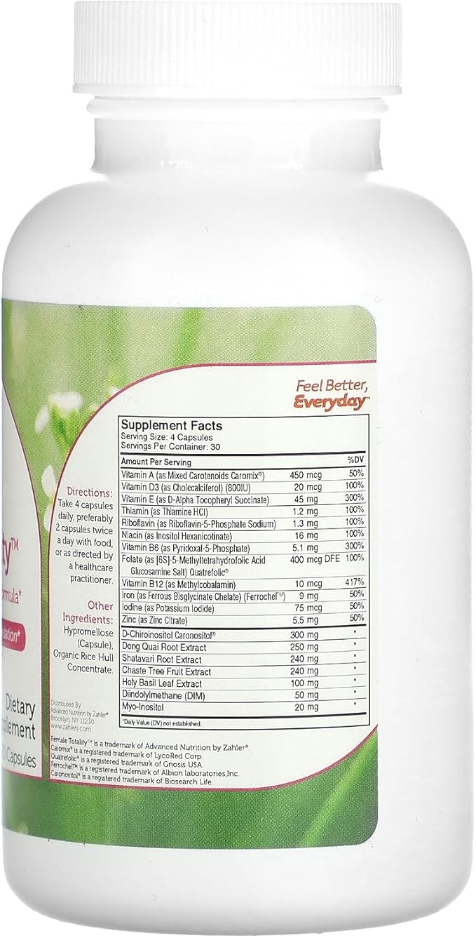 Zahler Female Totality - Multivitamin Hormone Support for Women Supplement with D-Chiro, Inositol, Dong Quai, Shatavari, Chaste Tree, Holy Basil, DIM, Iron - Hormone Balance for Women (120 Capsules)
