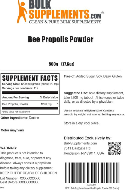 BulkSupplements.com Bee Propolis Powder - Bee Propolis Supplement, Superfood Supplement - Natural & Gluten Free, 1.2g per Serving, 500g (1.1 lbs) (Pack of 1)