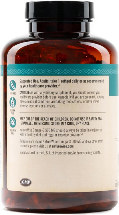 NatureWise Omega 3 Fish Oil - 500 mg per Pill - EPA & DHA - Immune Support, Brain Health & Optimal Wellness - Gluten and Soy Free, Non-GMO - 180 Softgels[6-Month Supply]