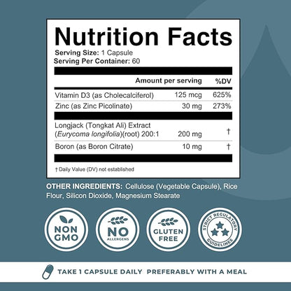 Boron Supplement For Men With Tongkat Ali - Vitamin D3, Zinc Picolinate 30mg, Longjack Tongkat Ali For Men - Boron Citrate 10mg For Men’s Health - Non GMO, Gluten Free, No Allergens - 60 Count