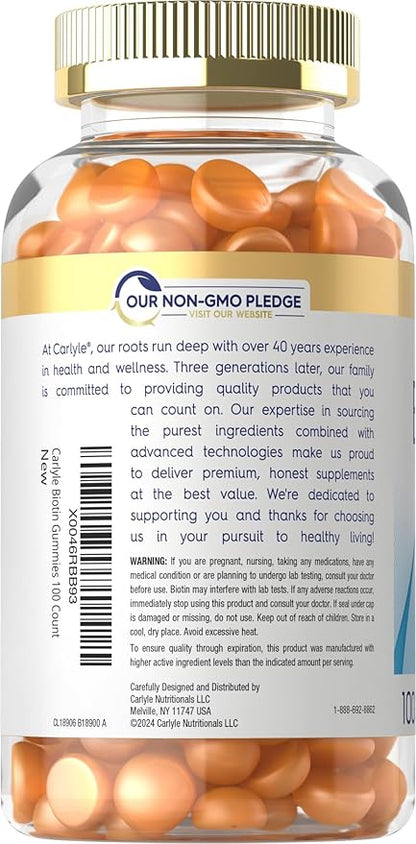 Carlyle Biotin 10000mcg Gummies | 100 Count | Peach Flavor Supplement | Vegan, Non-GMO, Gluten Free