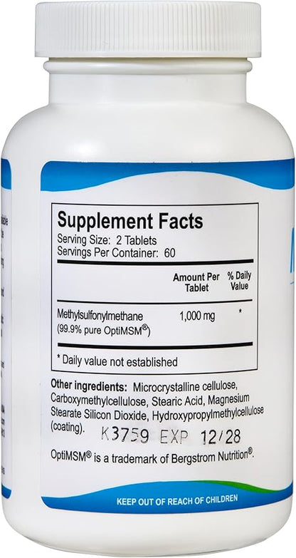 KALA HEALTH MSMPure MSM Tablets– 1,000 mg Organic Sulfur per Tablet for Joint Flexibility, Skin Appearance, Hair & Nail Support – 120 Count, USA Made MSM