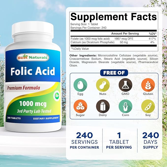 Best Naturals Folic Acid 1000 mcg (Vitamin B9), 240 Tablets (1000 mcg (Pack of 3))