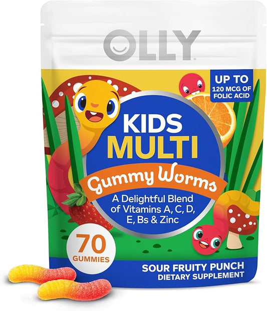 OLLY Kids Multivitamin Gummy Worms, Overall Health and Immune Support, Vitamins and Minerals A, C, D, E, Bs and Zinc, Chewable Supplement, Sour Fruit Punch, 45 Day Supply - 70 Count