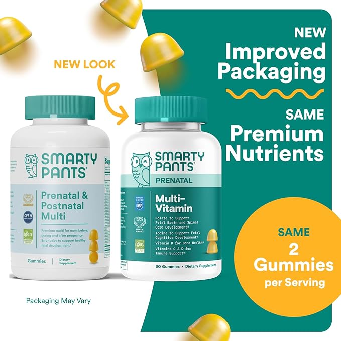 SmartyPants Prenatal Vitamins for Women, Multivitamin Gummies: Pre and Postnatal Vitamins, Biotin, Methylfolate, Vitamin D3, C, Vitamin B12, B6, A, K & Zinc, Inositol, 60 Count (30 Day Supply)