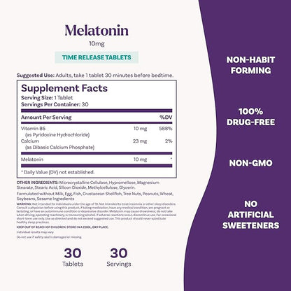 Natrol Melatonin Advanced Sleep Tablets with Vitamin B6, Helps You Fall Asleep Faster, Stay Asleep Longer, 2-Layer Controlled Release, 100% Drug-Free, Maximum Strength, 10mg, 30 Count
